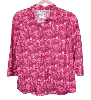 Blair Pink Floral Cotton Button‎ Down Shirt 3/4 Sleeve Womens Medium thumbnail 1
