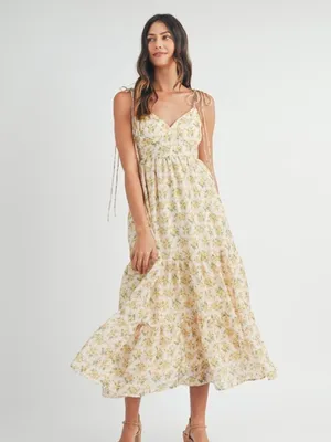 Floral print double self tie spaghetti strap tiered midi dress. Medium thumbnail 2