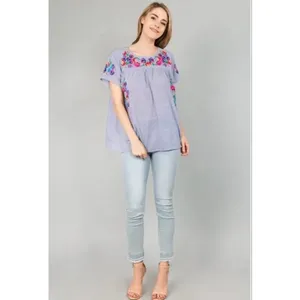 Embroidered Floral Peasant‎ Blouse | Short Sleeve Boho Top thumbnail 4
