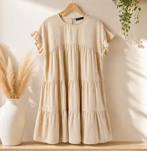 SHEIN Beige Tiered Ruffle Sleeve Mini Smock Dress - Size Small thumbnail 3