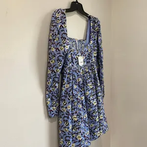 Free People Bessie Blue Babydoll Corduroy‎ Long sleeve Mini Dress NWT Sz M thumbnail 4