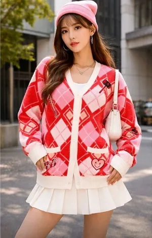 HARLEY QUINN Argyle Cardigan Sweater DC Comics Harlequin Batman Joker Small thumbnail 1