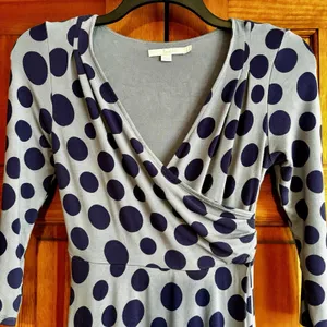 Boden Dress Women's Size 4 Long US, 8L UK Blue Polka Dot V Neck 3/4 Sleeves Work thumbnail 3