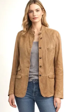 Gap Leather Jacket Women XS Tan Brown Dark Academia Mock Neck Button Blazer thumbnail 1