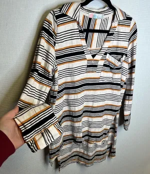 Free People Beach Womens XS Striped V-Neck Collared Tunic Top Black Yellow White thumbnail 1