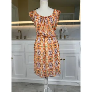 As You Wish Shift Dress Womens L Orange Abstract Print Chiffon Lined Cap Sleeve thumbnail 3