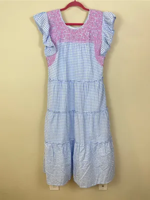 J. Marie Blue Gingham Plaid Flutter Sleeves Floral Embroidery Tiered Midi Dress thumbnail 2