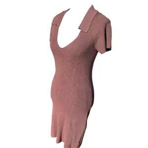 Freshman NWT 55O Knit‎ Collared V Neck Short Sleeve Bodycon Midi Dress Brown L thumbnail 3