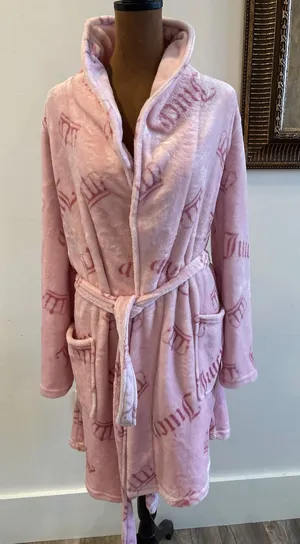 Juicy Couture Pink Crown Logo Plush Fleece Robe L/XL Shawl Collar Long Sleeve thumbnail 1