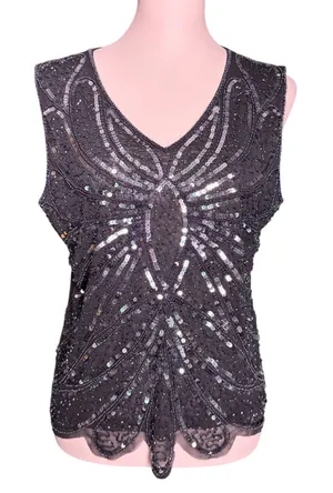 SM Collection Black Beaded Sequin Butterfly Mesh‎ Top V-Neck Sleeveless Large thumbnail 1