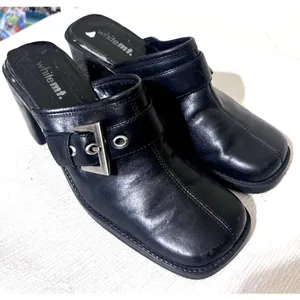 White Mountain Bretta Black Leather Mules Square Toe Buckle Chunky Heel Clogs 8M thumbnail 2