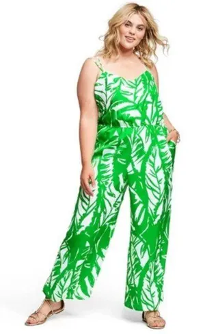 Lilly Pulitzer 20th Anniversary Green and White Tropical Print Satin Jumpsuit Lg thumbnail 1