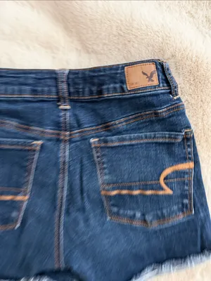 American Eagle Outfitters Dark Blue Denim Frayed-Hem Jean Shorts thumbnail 4