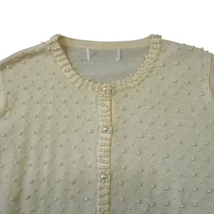 Vintage Cream Faux Pearl Embellished Cardigan Sweater Scalloped Hem Feminine‎ thumbnail 2