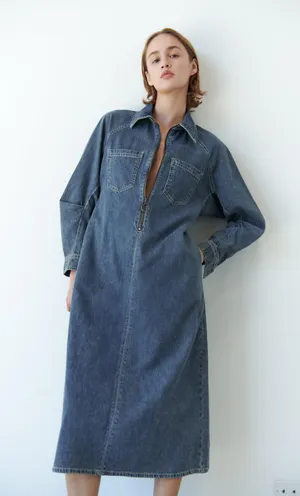 Zara Dress oversize midi denim jeans long sleeve collar casual thumbnail 2