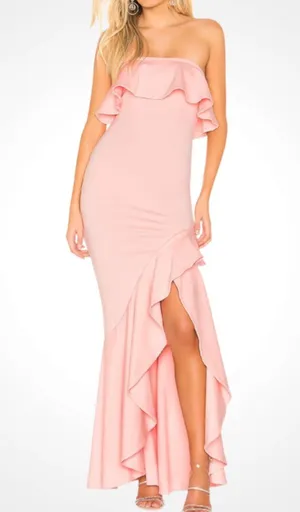 Lovers + Friends Chandler Pink Asymmetrical Strapless Slit Ruffle Gown S thumbnail 1