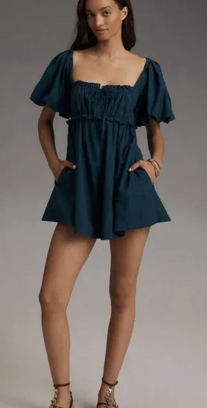 Pilcro by Anthropologie Teal Green Puff-Sleeve 3" Babydoll Romper - Size - XL thumbnail 1