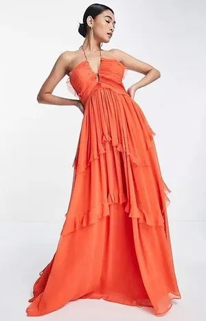 ASOS NWT DESIGN halter neck key hole detail tiered maxi dress in orange thumbnail 7