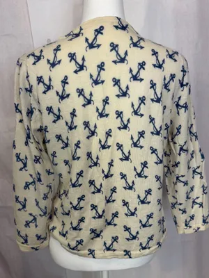 Garnet Hill Cream and Navy Anchor Button-Front Top thumbnail 3