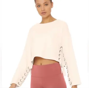 Alo Yoga Lace Up Pullover Suspension Sweatshirt in cream Sz M thumbnail 1