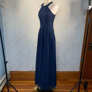 Lulu's Love Poem Lace‎ Halter Gown in Navy Blue thumbnail 6