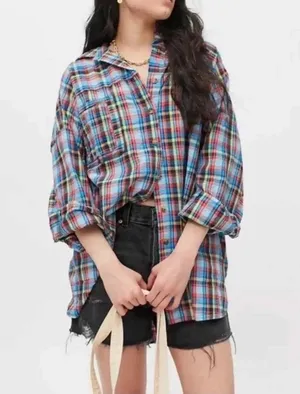 Oversized Bryce Plaid Longline Button-Down Shirt $88 EUC S thumbnail 1