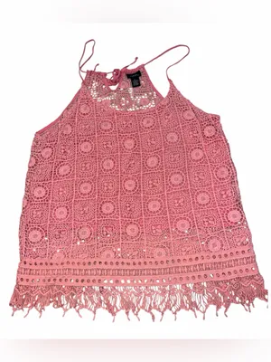 Rue 21 Pink Crochet Fringe Tank Top Boho Festival Beach Cami Lined L thumbnail 3