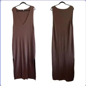 Anthropologie Maxi Dress Daily Practice Slim V Neck Brown Ribbed Women Small thumbnail 2