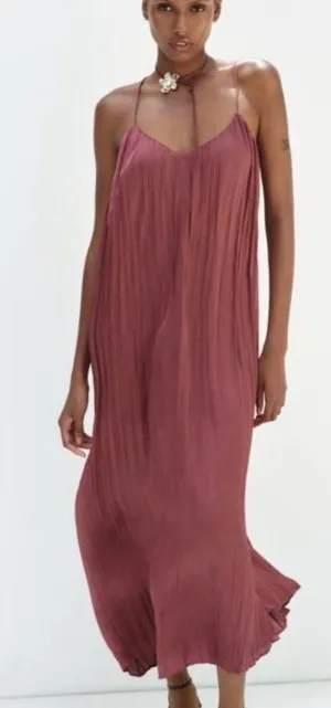 Zara Boho Rust Crinkle Satin Pleated Maxi Dress Cross Ladder Back Maroon Small thumbnail 1