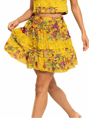 FARM Rio Yellow Floral Tiered Mini Dream‎ Skirt Small Boho Ruffle Eyelet Small thumbnail 1