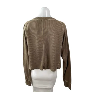 Free People Early Night Contrast Stitch Cropped Henley Waffle Knit Thermal Top L thumbnail 5