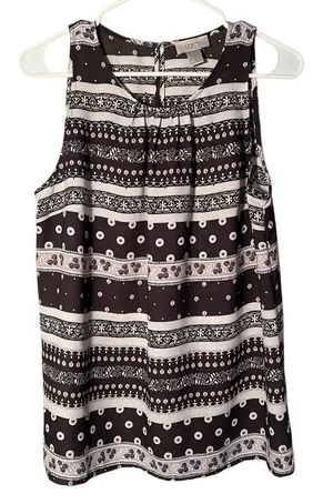 Loft‎ Women's Size Medium Sleeveless Blouse Gray White Pink Floral Stripe Scoop thumbnail 1