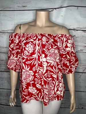 Knox Rose Size XXL Red & Off White Floral Print Off the Shoulder Blouse Top thumbnail 2