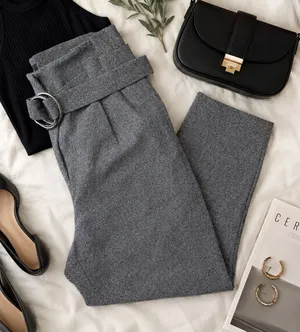 Express Gray Paperbag Waist Ankle Pants | High Rise Belted | Size 8 thumbnail 1