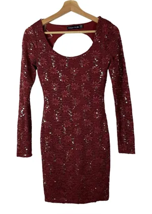 Midnight Doll Red Floral Sequin Long Sleeve Bodycon‎ Mini Dress S thumbnail 1