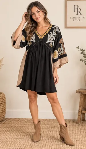 Easel Los Angeles Black Embroidered Cotton Babydoll Tunic Dress ED23074 Medium thumbnail 1
