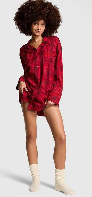 Victoria's Secret Red Plaid Full Button Nightgown Sleep Shirt Long Sleeves Large thumbnail 1