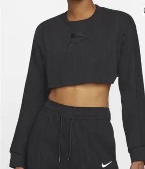Nike Long Sleeve Black Ribbed Cotton Crop Top Size Large Athleisure Sporty Gym thumbnail 1