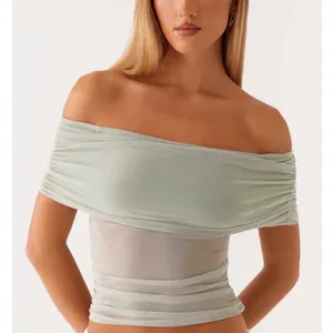 Peppermayo Off-Shoulder Sage Green Ruched Mesh Top thumbnail 1