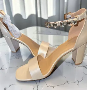 Women's Champagne Satin Block Heel Sandals with Crystal Ankle Strap thumbnail 1