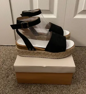 SheIn Black Open Toe Buckle Ankle Strap Espadrilles Flatform Wedge Casual Sandal thumbnail 8