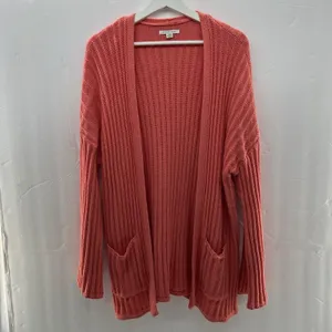 American Eagle Medium Cardigan Sweater Open Front Ribbed Coral Pink Knit Pockets thumbnail 3