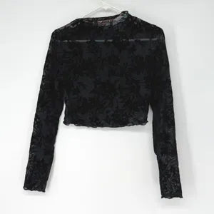 Black Floral Velvet Burnout Sheer Mesh Mock Neck Crop Top Long Sleeve‎ Alt Goth thumbnail 2