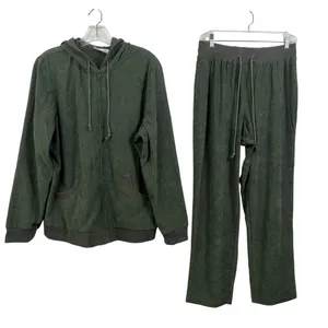 Denim & Co Olive Green Faux Suede Zip Hoodie and Pants Tracksuit Set Large thumbnail 1