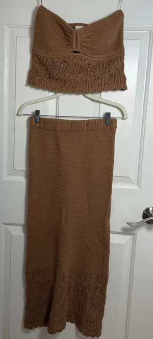 Freshman Brown Crochet Knit Maxi Skirt Set thumbnail 1