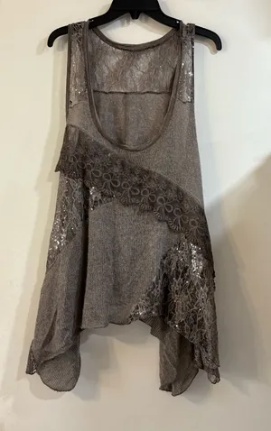 Y2K Whimsigoth Fairy Tunic Top Dress Lace Sequin Asymmetrical Gray Wool Mohair thumbnail 1