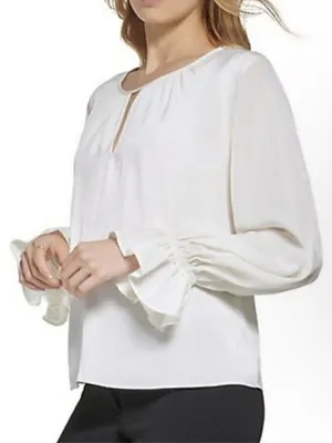 NEW DKNY Ruffled Satin Silky Blouse Top MEDIUM long sleeves Ivory white NWT thumbnail 1