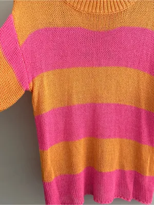 Bibi Orange & Pink Striped Knit Short Sleeve Sweater Medium thumbnail 4