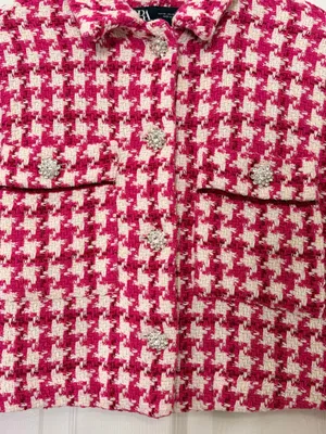 Zara XS Pink White Houndstooth Cropped Tweed Jacket Rhinestone Buttons Preppy Chic thumbnail 5