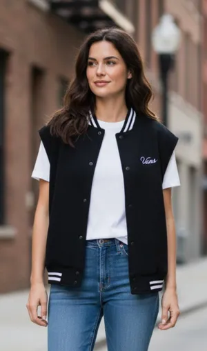 NWT Vans Off The Wall Varsity Letterman Vest Wool Blend Black SZ-M thumbnail 1
